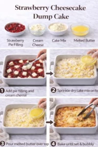 Delicious Strawberry Cheesecake Dump Cake dessert topped with fresh strawberries