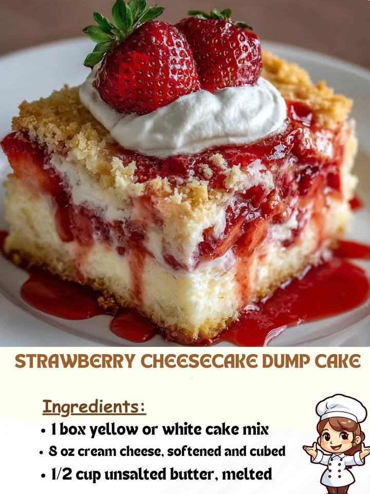 Delicious Strawberry Cheesecake Dump Cake with fresh strawberries and cheesecake flavor