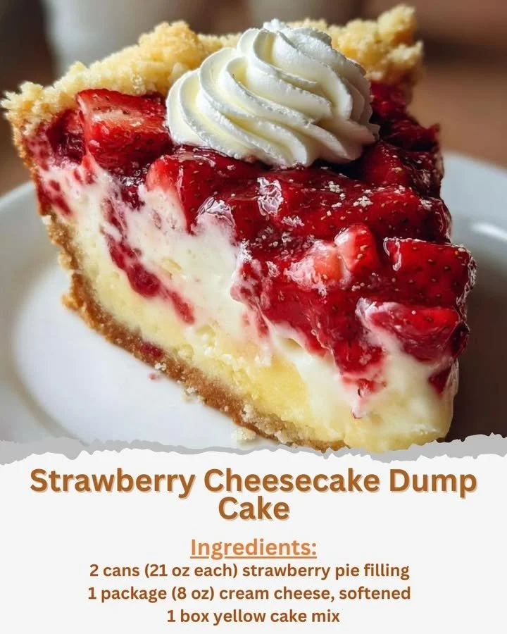 Delicious strawberry cheesecake dump cake topped with fresh strawberries