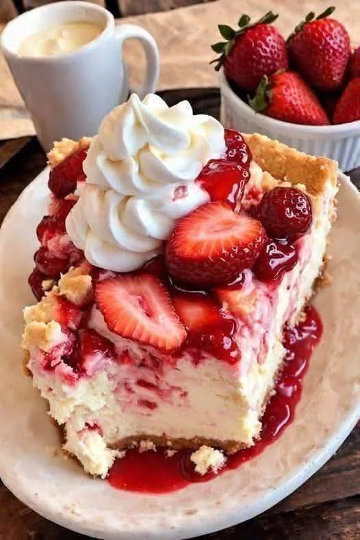Delicious strawberry cheesecake dump cake topped with fresh strawberries.