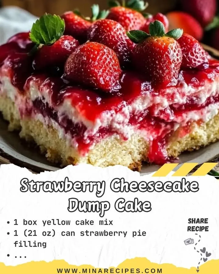 Strawberry Cheesecake Dump Cake topped with fresh strawberries and whipped cream