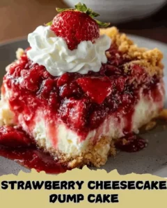 Delicious strawberry cheesecake dump cake topped with fresh strawberries