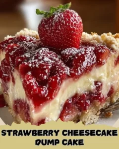 Delicious Strawberry Cheesecake Dump Cake with fresh strawberries and cream cheese topping