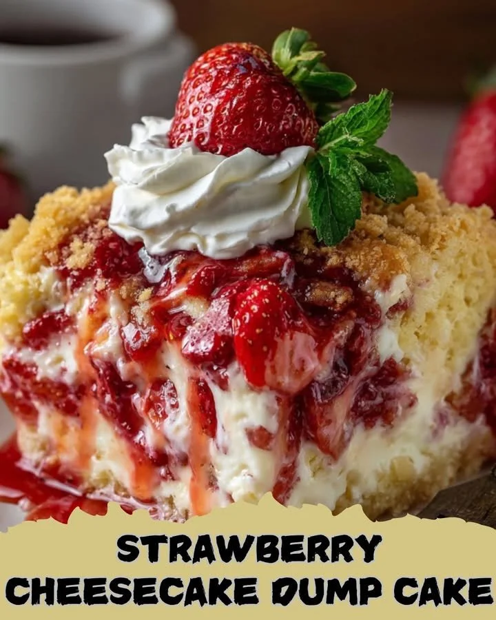Delicious homemade Strawberry Cheesecake Dump Cake served with fresh strawberries