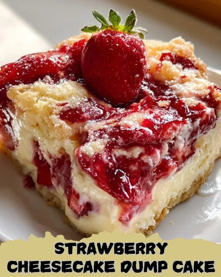 Delicious strawberry cheesecake dump cake topped with fresh strawberries