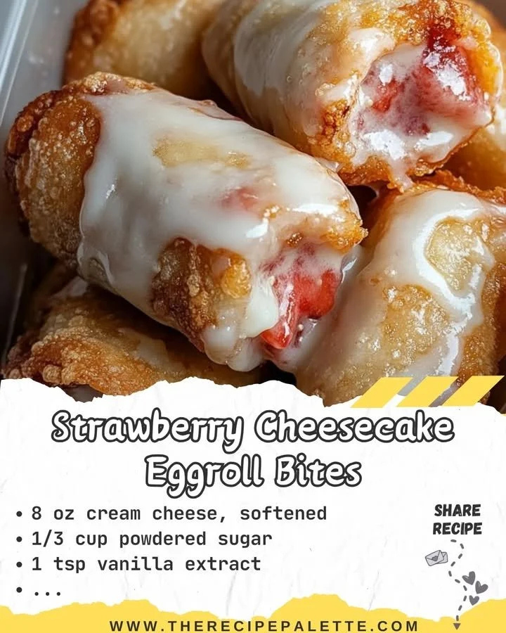 Plate of strawberry cheesecake eggroll bites served with a creamy dip