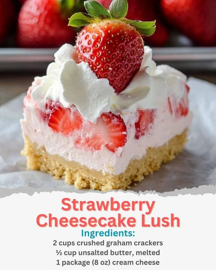 Delicious Strawberry Cheesecake Lush dessert with strawberries and creamy layers