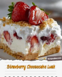 Delicious strawberry cheesecake lush topped with fresh strawberries and whipped cream.