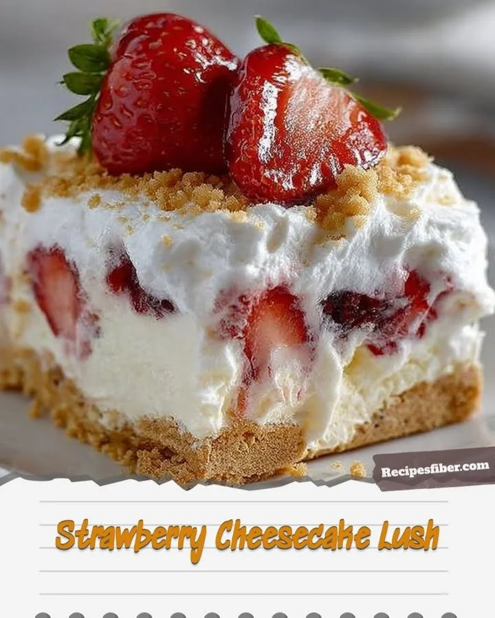 Strawberry Cheesecake Lush dessert with fresh strawberries and creamy cheesecake layers.