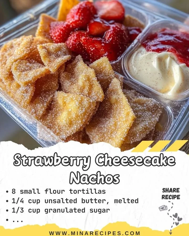 Strawberry cheesecake nachos topped with fresh strawberries and cream.