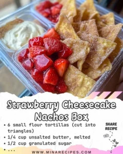 Delicious strawberry cheesecake nachos served in a box with fresh strawberries and whipped cream
