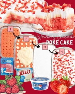 Slice of Strawberry Cheesecake Poke Cake with fresh strawberries on top.