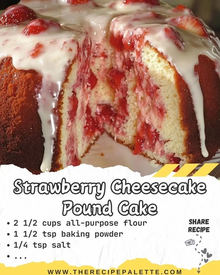 Delicious strawberry cheesecake pound cake with fresh strawberries and creamy cheesecake flavor