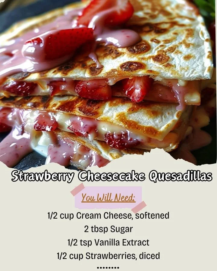 Delicious Strawberry Cheesecake Quesadillas served with fresh strawberries