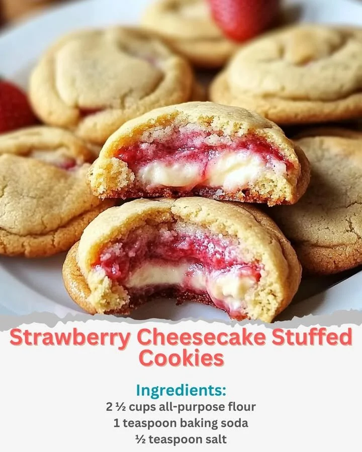 Strawberry cheesecake stuffed cookies with a creamy filling