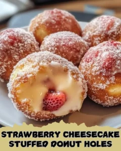 Delicious strawberry cheesecake stuffed donut holes, perfect for dessert.