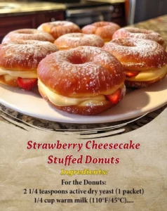 Delicious strawberry cheesecake donuts filled with creamy cheesecake