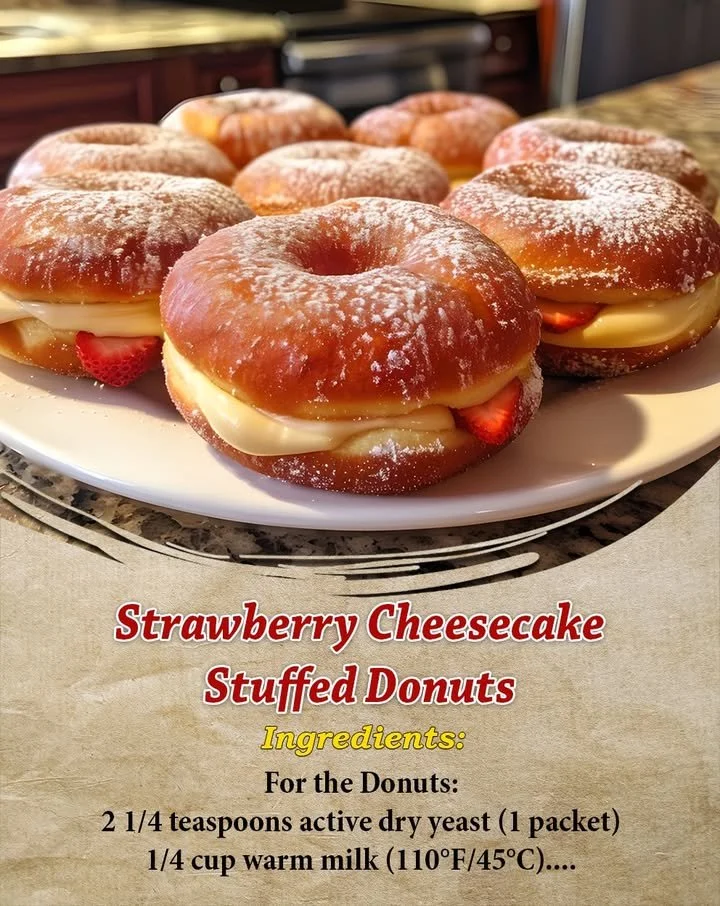 Delicious strawberry cheesecake donuts filled with creamy cheesecake