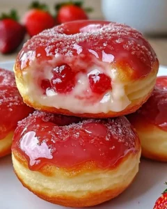 Strawberry cheesecake stuffed donuts on a plate with fresh strawberries.