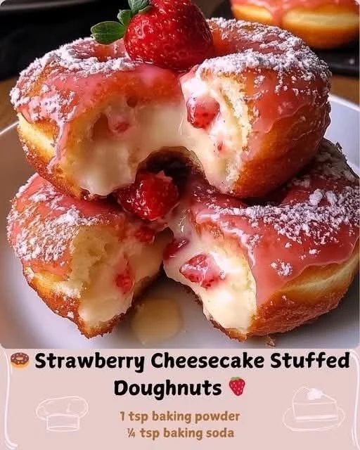Strawberry cheesecake stuffed doughnuts topped with fresh strawberries