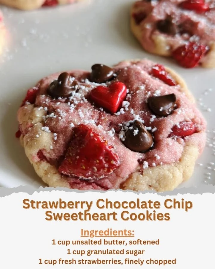 Strawberry chocolate chip cookies with heart-shaped decorations