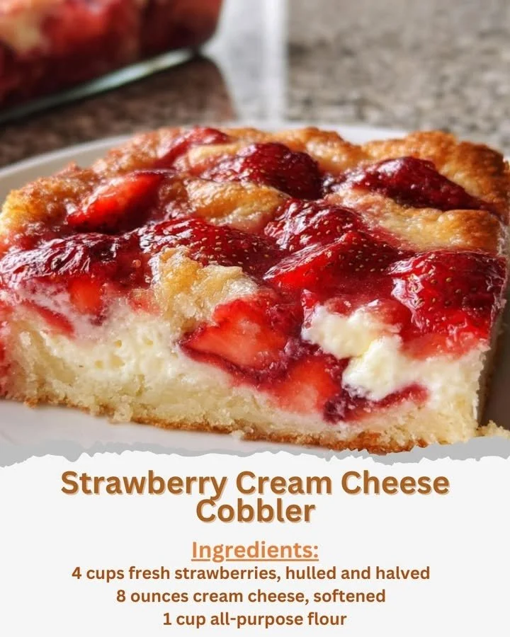 Delicious strawberry cream cheese cobbler served in a dish