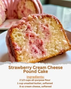 Slice of Strawberry Cream Cheese Pound Cake with fresh strawberries