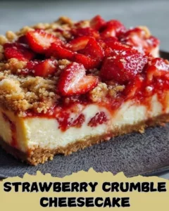 Delicious strawberry crumble cheesecake with fresh strawberries on top