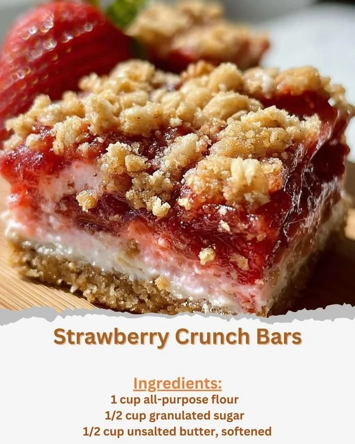 Delicious homemade Strawberry Crunch Bars with a crispy topping and strawberry layers