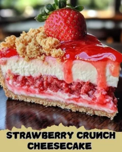 Delicious strawberry crunch cheesecake slice with a crispy topping