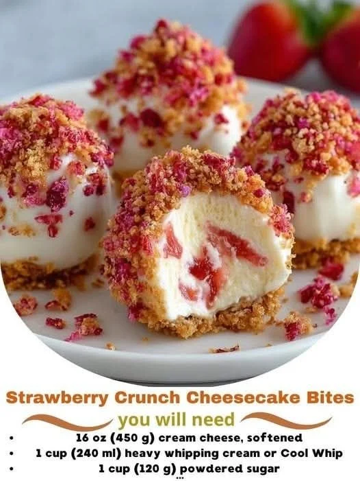 Strawberry crunch cheesecake bites served on a plate