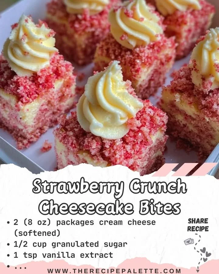 Strawberry crunch cheesecake bites on a plate, ideal for dessert lovers