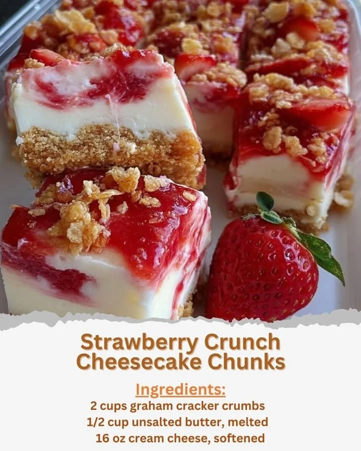 Close-up of Strawberry Crunch Cheesecake Chunks with a strawberry topping