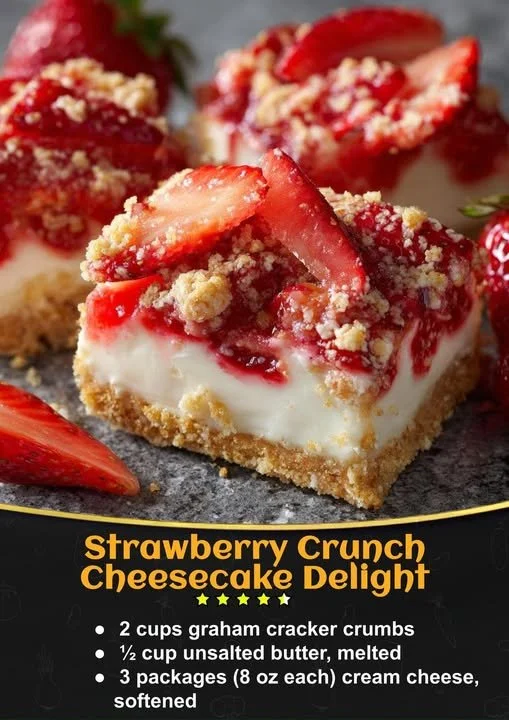 Delicious Strawberry Crunch Cheesecake with strawberry topping and crunchy base.