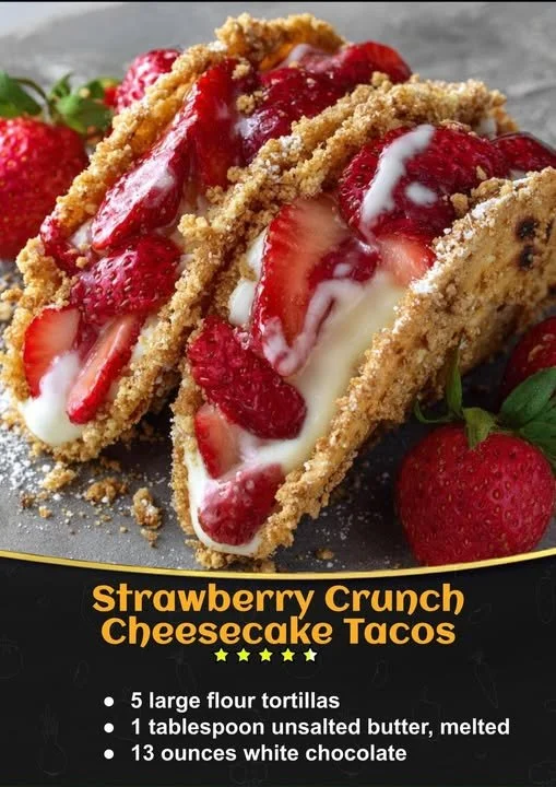 Delicious strawberry crunch cheesecake tacos served on a plate.