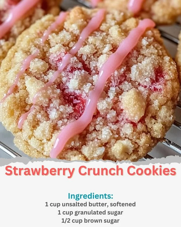 Freshly baked strawberry crunch cookies with a crunchy topping