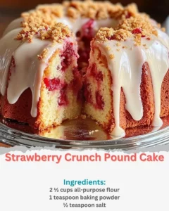 A slice of Strawberry Crunch Pound Cake topped with fresh strawberries and crunchy crumbs.