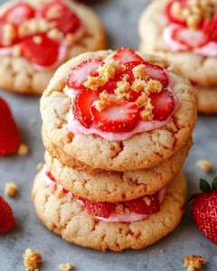 Strawberry crunch shortcake cookies displayed on a plate, showcasing their crunchy texture.