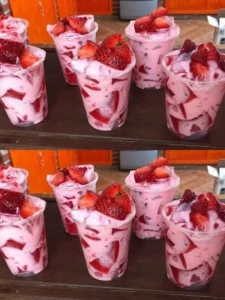 Delicious strawberry dessert featuring fresh strawberries and whipped cream.