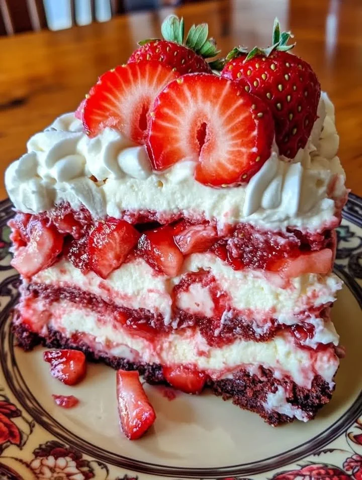 Delicious Strawberry Earthquake Cake topped with fresh strawberries and cream.