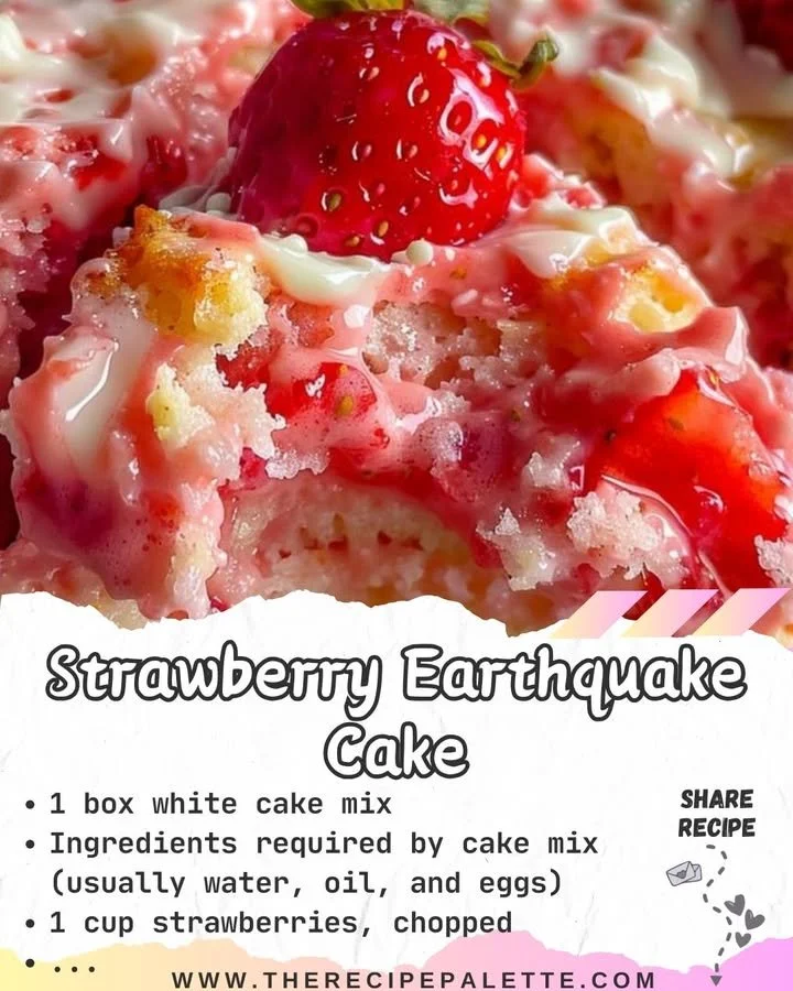 Slice of Strawberry Earthquake Cake topped with fresh strawberries and creamy frosting.