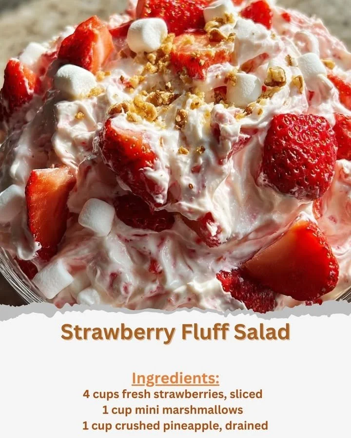 Colorful Strawberry Fluff Salad with strawberries and whipped cream in a bowl