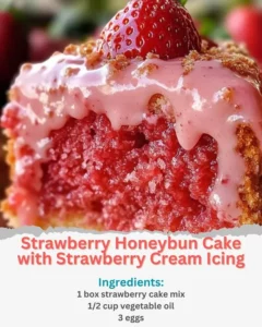 Strawberry Honeybun Cake with strawberry cream icing served on a plate
