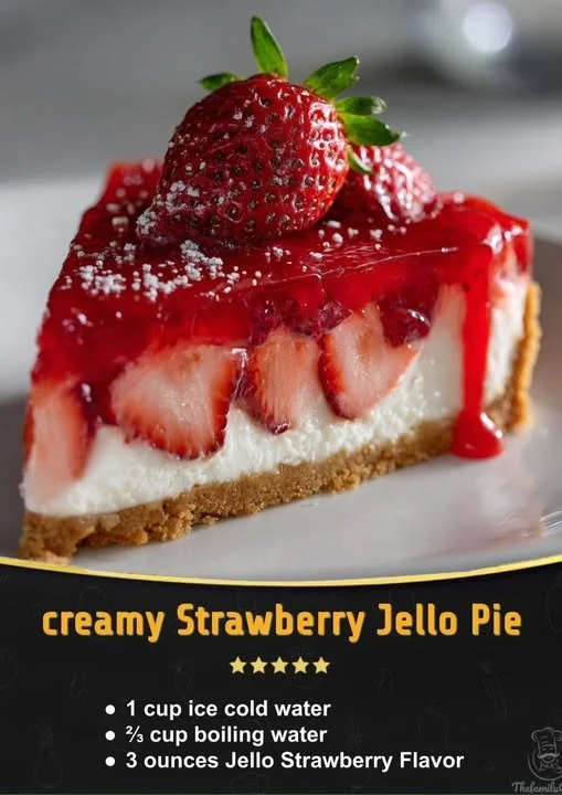 Delicious homemade Strawberry Jello Pie with fresh strawberries and a creamy filling