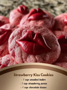 Delicious strawberry kiss cookies with a strawberry center and cookie base