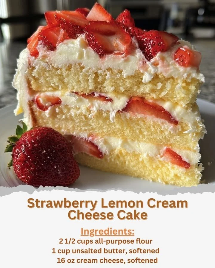Strawberry Lemon Cream Cheese Cake with fresh strawberries and lemon slices