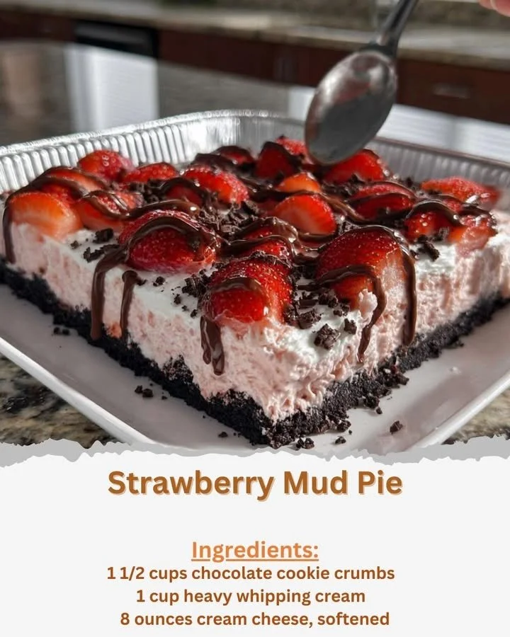 Delicious homemade Strawberry Mud Pie with fresh strawberries and chocolate layer
