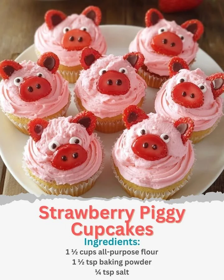 Delicious Strawberry Piggy Cupcakes decorated with pink frosting and cute pig faces.