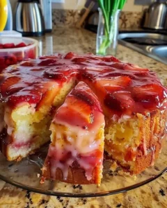 Slice of strawberry pineapple pound cake topped with fresh strawberries.