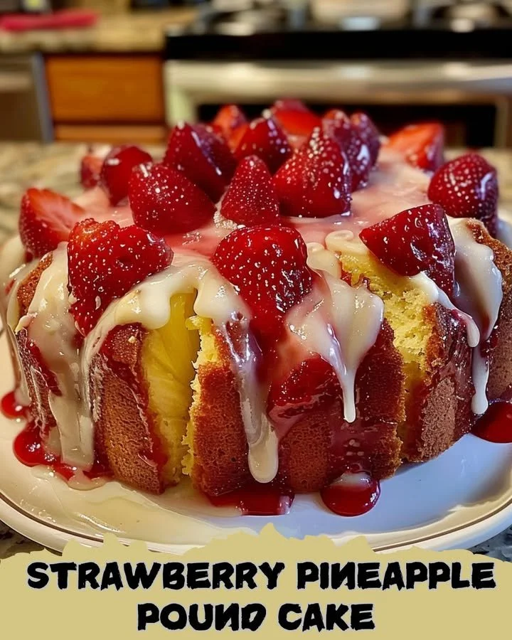 Slice of Strawberry Pineapple Pound Cake with fresh strawberries and pineapple.